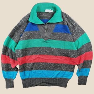 Vintage Leon Levin‎ Quarter Zip Sweater Women XL Striped Wool Blend 80s Retro